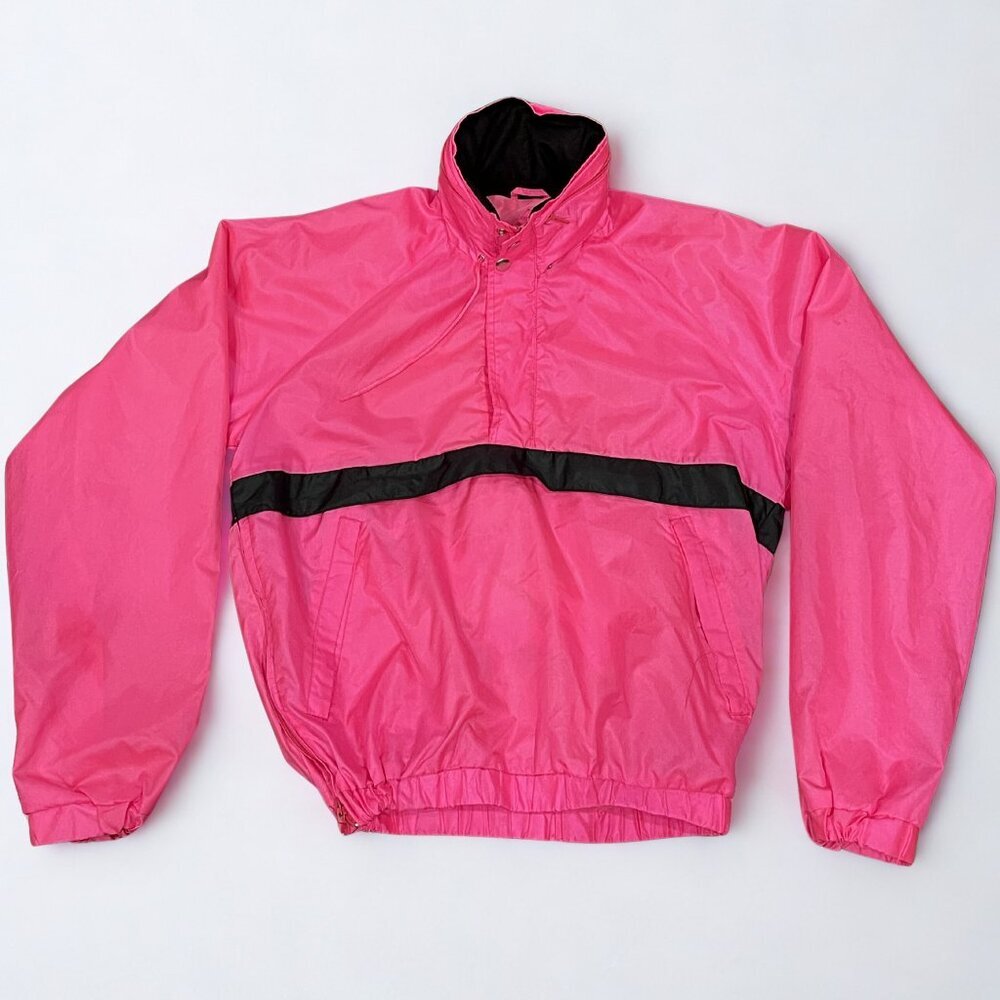 Vintage HOTSTUF 90s Colorblock Windbreaker Pullover Jacket Neon Pink Black Small